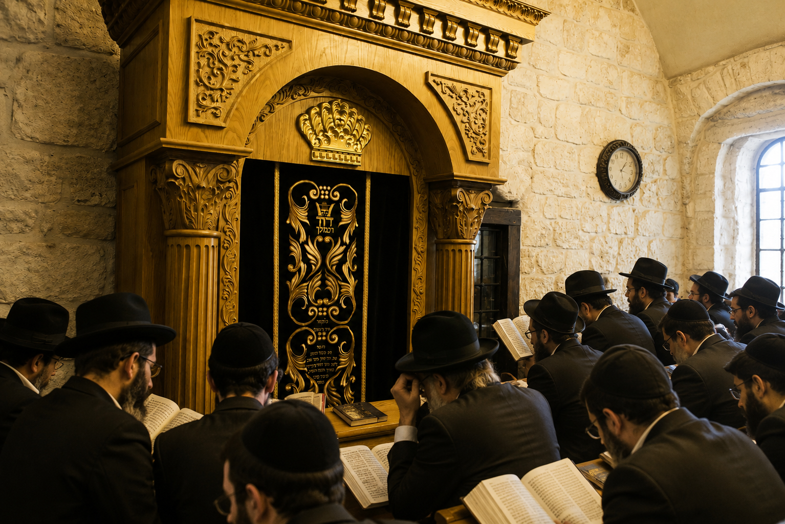 Jewish men gathered in prayer around the velvet-covered tziyun of King David