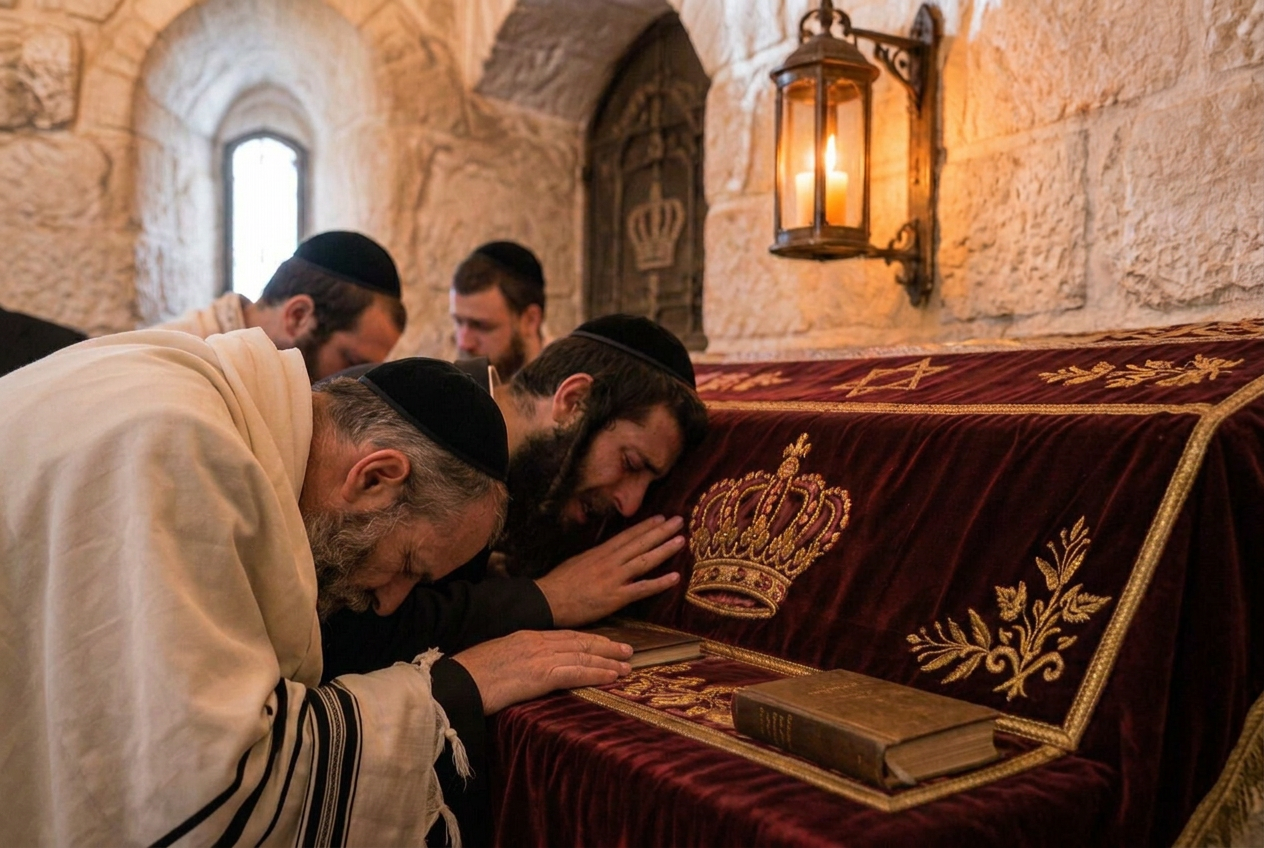 Jewish men learning from open Hebrew books over the velvet-covered tziyun of King David