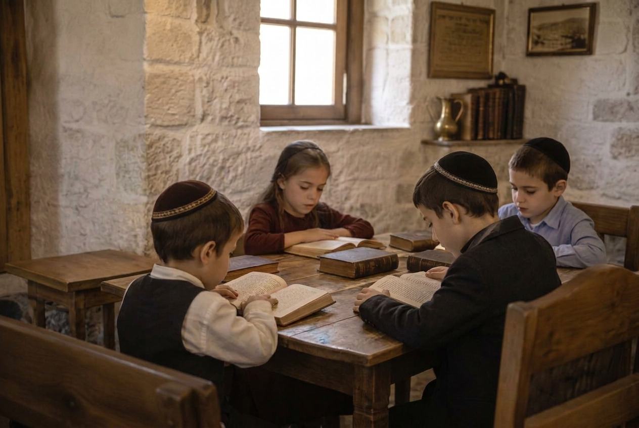 A boy's hands holding a worn siddur under warm lamplight, an older man's hand on his shoulder