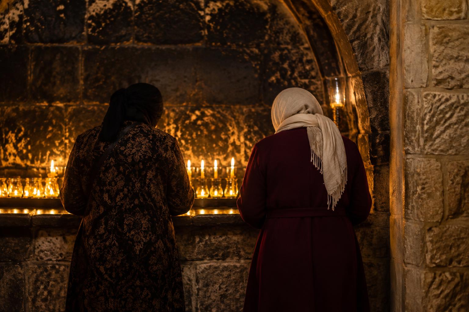 Two Jewish women praying beside the glowing lamps at the Tomb of King David
